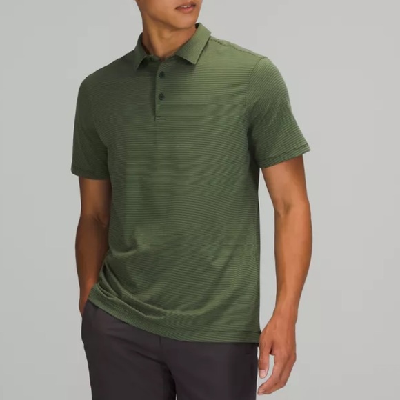 Lululemon Polo Shirt Large Green Striped Short Sleeve Evolution - Picture 1 of 9